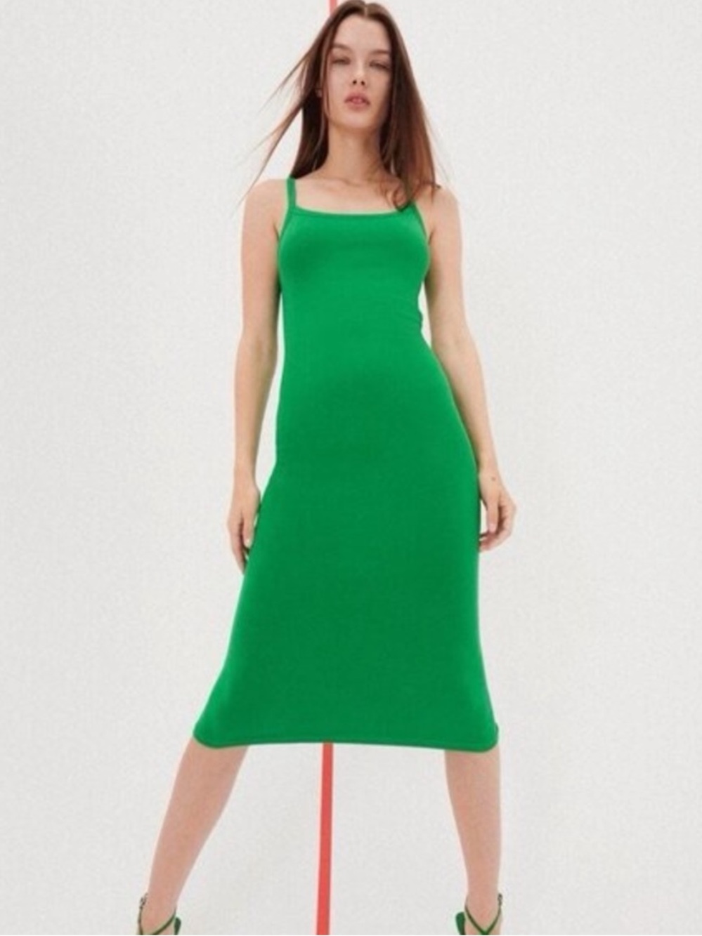 Zara Green Bodycon Solid Knit Tank Midi Dress M Scoop Neck Sleeveless Stretch